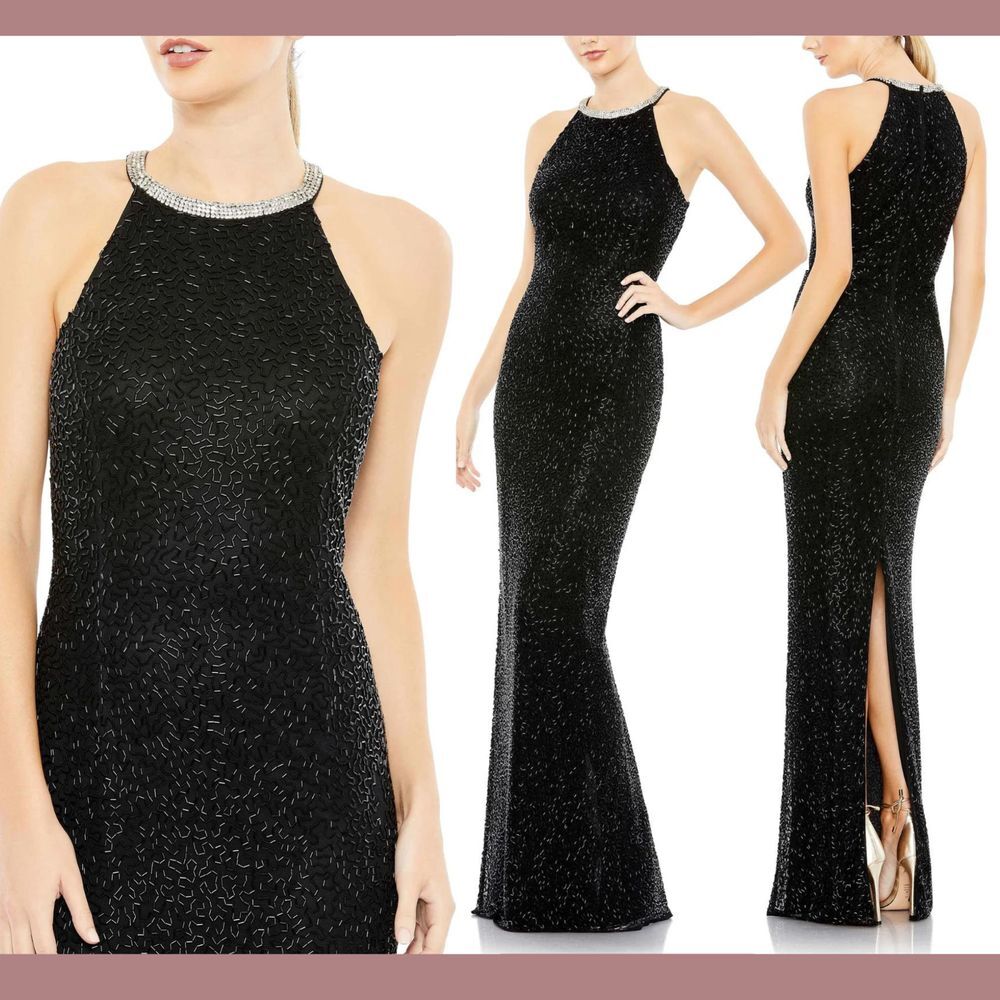 NWT $498 Mac Duggal [ 10 ] Beaded Sleeveless‎ High Neck Column Gown Black #Q850